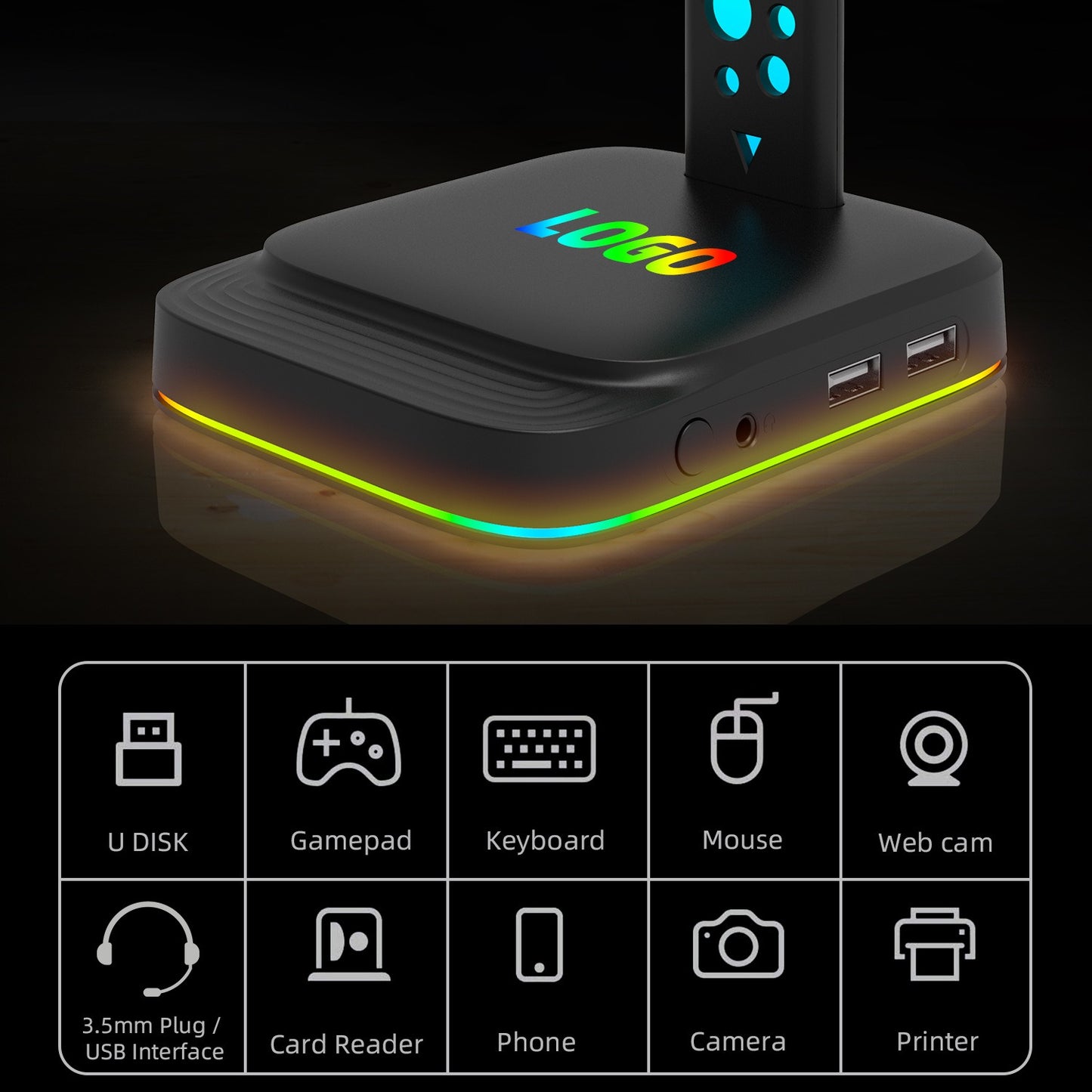 RGB GlowBase Gaming Headphone Stand – Color-Changing LED with 3.5mm AUX