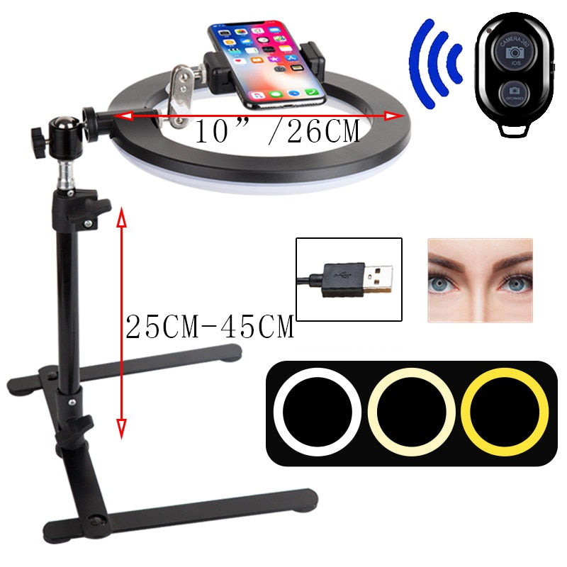 26cm LED Ring Light with Adjustable Desk Tripod & Phone Holder