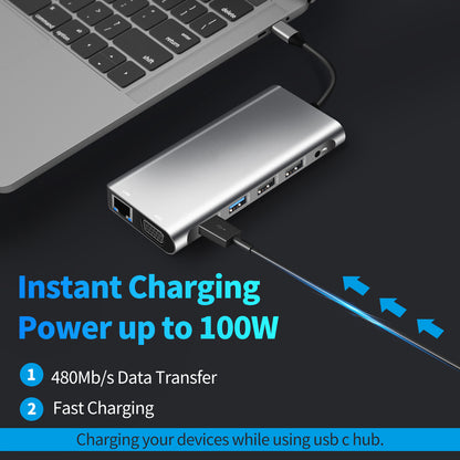 12-in-1 USB-C Hub Docking Station – Dual HDMI, VGA, 100W PD Charging