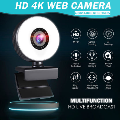 4K Autofocus Webcam with Ring Light – USB HD Camera for Streaming & Video Calls